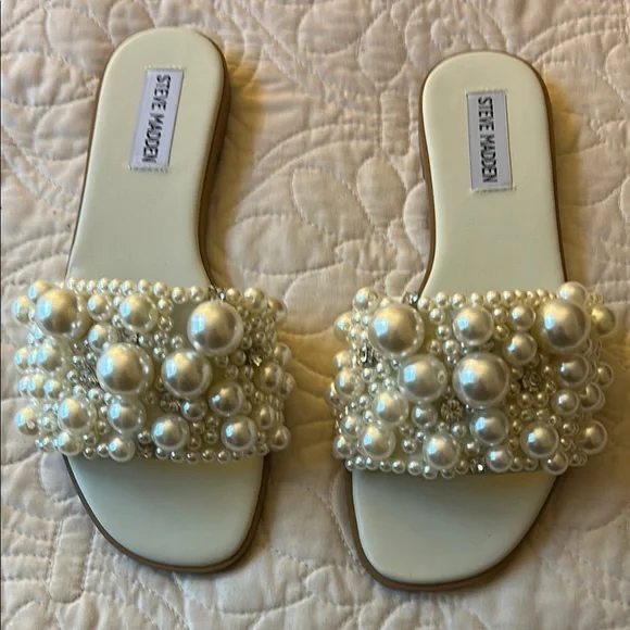 Steve Madden Cream Pearl Embellished Sandals - Picture 2 of 4